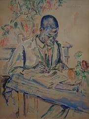 watercolor painting of a Black man writing by Lucie Cousturier