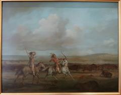 Native Americans hunting buffalo in an oil painting by George Catlin