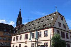 Scenic view of Strasbourg cityscape with traditional Alsatian buildings and the Ill River