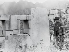 Hiram Bingham's 1911 photograph showing Agustín Lizárraga's 1902 signature at Temple of Three Windows, Machu Picchu