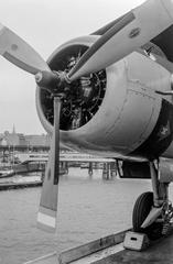 Propeller and engine of an S-2 tracker on the HMCS Bonaventure at Hamburg Landungsbrücken in 1966