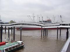 The Überseebrücke at Hamburg Harbor with Cap San Diego and other ships docked