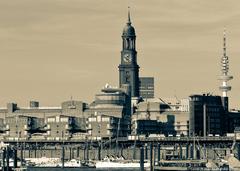 Hamburg skyline with Überseebrücke, Gruner & Jahr building, St. Michael's Church and television tower