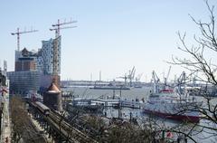 Aerial view of Hamburg cityscape with waterways and historic buildings