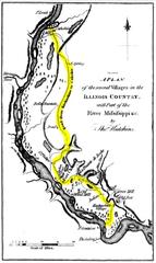 1778 map highlighting the road from Kaskaskias to Cahokia