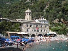 Coastal town of Camogli with colorful buildings and sea view