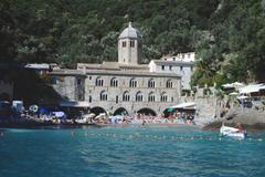 San Fruttuoso Abbey with bell tower in Camogli, Italy