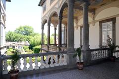 Palazzo Pfanner's grand exterior staircase in Lucca on a sunny day