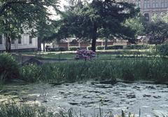 Sinebrychoff Park with a pond and white wooden building