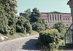 Sinebrychoff Park with brick building and tower on hilltop