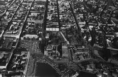 Aerial diagonal view of Hietalahti area in Helsinki from a small airplane