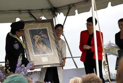 Portrait of Sirius, yellow Labrador Retriever, in a commemorative frame