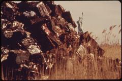 unique view of the Statue of Liberty with surrounding landfill site