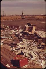 Statue of Liberty with trash-littered dumping ground in foreground