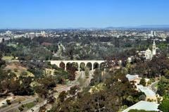 Low aerial view of Cabrillo Bridge and Museum of Man in San Diego, California