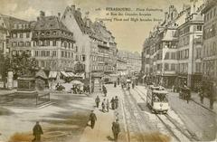 Old postcard of Strasbourg's Place Gutenberg and Rue des Grandes Arcades by Cigogne