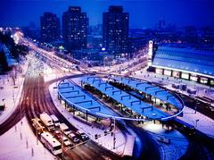 Plac Grunwaldzki in Wroclaw covered in snow at night