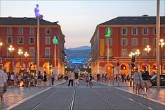 La place Masséna at dusk with tramway in Nice