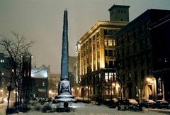 Place d'Youville in Montreal looking west at the central obelisk monument