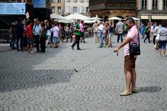 Panoramic view of Strasbourg with a selfie stick in the foreground