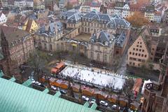 Ice rink at Place du Château in Strasbourg with view of the Cathedrale Notre Dame