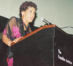 Jillian Bullock speaking at the Franklin Institute in Philadelphia during the early 2000s