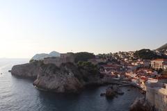 Panoramic view of Dubrovnik with red-tiled roofs and blue Adriatic Sea