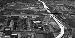 Aerial view of South Philadelphia including the approach to Walt Whitman Bridge and a toll station