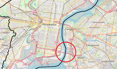 Street map of Philadelphia with Walt Whitman Bridge marked