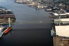 Aerial view of the Walt Whitman Bridge spanning the Delaware River.