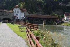 Promenade du Saumon in the Auge district with the Bern Bridge, Fribourg, Switzerland