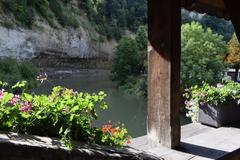 view of Fribourg in Switzerland with medieval architecture and Sarine River