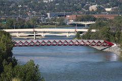 Calgary bridges including the Peace Bridge and LRT bridge on a sunny Sunday morning