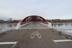 Calgary Peace Bridge in downtown with a curved architectural design