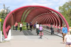 people enjoying the sunshine at Peace Bridge, Calgary