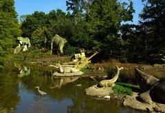 Heron among dinosaur statues in Crystal Palace Park