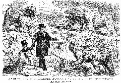 John Leech's 1855 cartoon 'A Visit to the Antediluvian Reptiles at Sydenham' from Punch magazine depicting the original Crystal Palace dinosaur statues