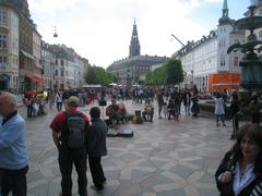 Hojbro Plads square in Copenhagen in daylight featuring people walking and historic buildings