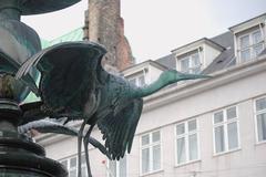 Stork at the Stork Fountain on Amager Square in Copenhagen, Denmark