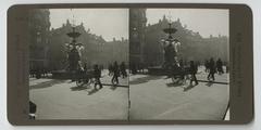 historic black and white photo of Storkespringvandet statue in Copenhagen's Amagertorv square