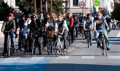 Cyclists in Copenhagen waiting at a red light