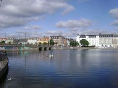 Aerial view of Copenhagen, Denmark with prominent landmarks and waterways