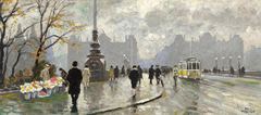 Paul Fischer's painting of a flower seller, tram, and pedestrians on Queen Louise's Bridge in Copenhagen