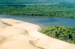 Aerial view of Pequenos Lençois with Preguiças River in Barreirinhas, Brazil