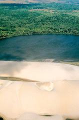 Aerial view of Pequenos Lençois with Preguiças River in Barreirinhas, Maranhão, Brazil