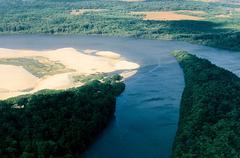 Aerial view of Pequenos Lençóis and Preguiças River in Barreirinhas, Maranhão, Brazil