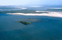 Aerial view of Pequenos Lençóis and Preguiças River in Barreirinhas, Maranhão, Brazil