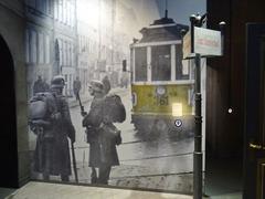 Two German soldiers and a tram in Copenhagen during the beginning of German occupation on April 9, 1940