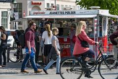 Højbro Plads at Strøget in Copenhagen with Jeanettes Pølser hot dog stand