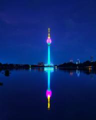 Lotus Tower and Beira Lake at night 2023, Colombo, Sri Lanka